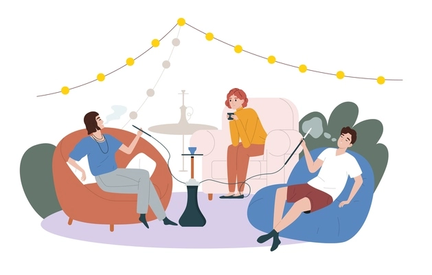 Hookah bar flat composition the group of three friends smoking hookah in a bar vector illustration