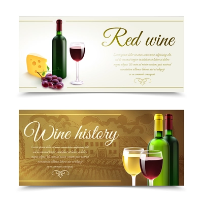 Wine horizontal banners set with cheese and grape bunch isolated vector illustration