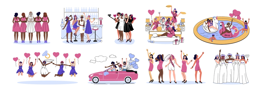 Bachelorette party hen party set of flat icons and isolated compositions of party women leisure activities vector illustration