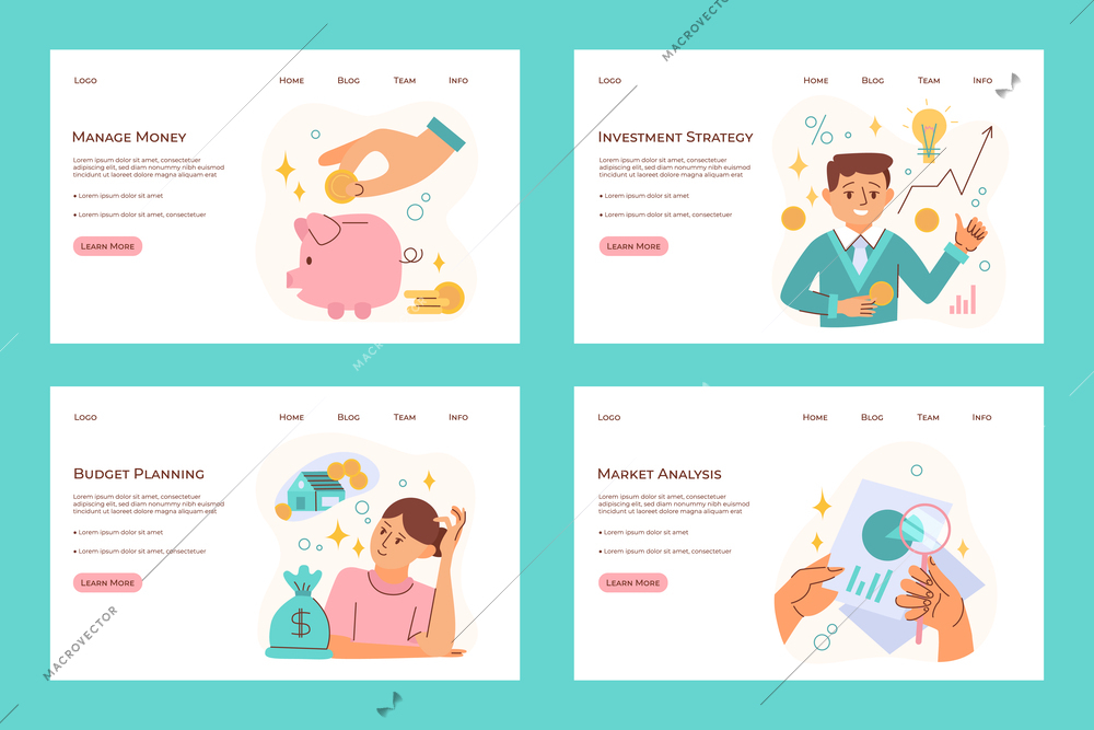 Financial planning landing pages set with clickable text links buttons and conceptual images with doodle people vector illustration