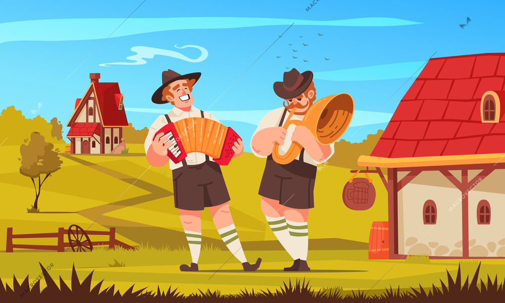 Folklore music colored concept two norwegian men playing music in their national costumes vector illustration
