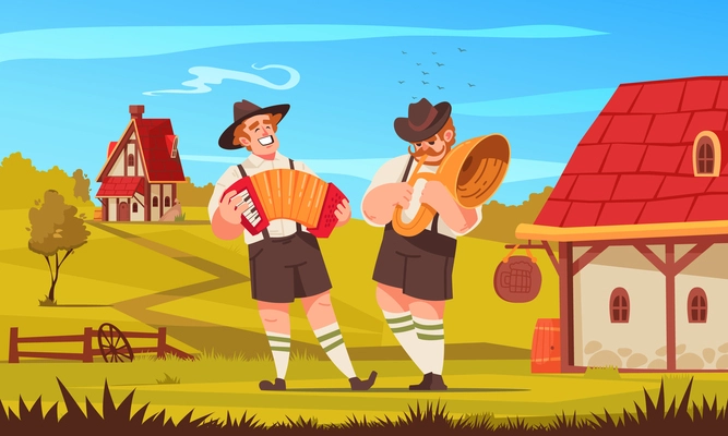 Folklore music colored concept two norwegian men playing music in their national costumes vector illustration