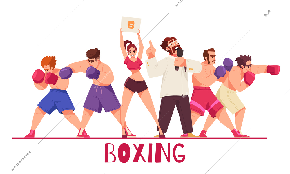 Colored boxing composition boxers in different poses the referee and the girl with the sign standing together vector illustration