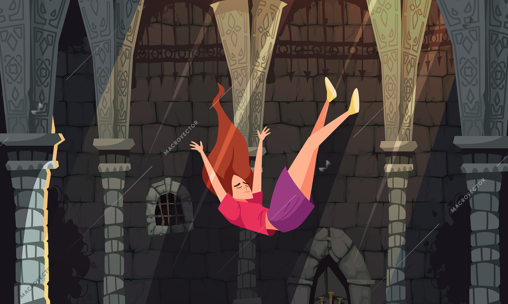 Colored falling people composition girl flying down against the wall of an ancient castle vector illustration