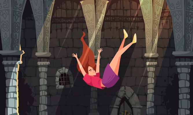 Colored falling people composition girl flying down against the wall of an ancient castle vector illustration