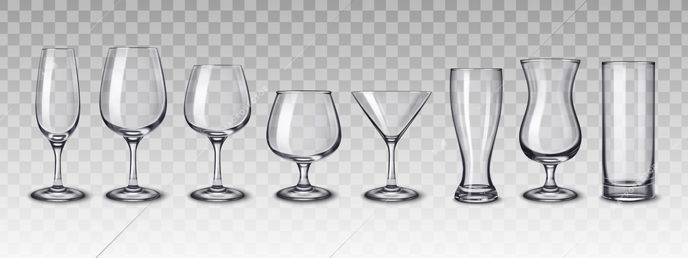 Alcohol drinks glassware set with transparent background and realistic images of empty glasses for different drinks vector illustration