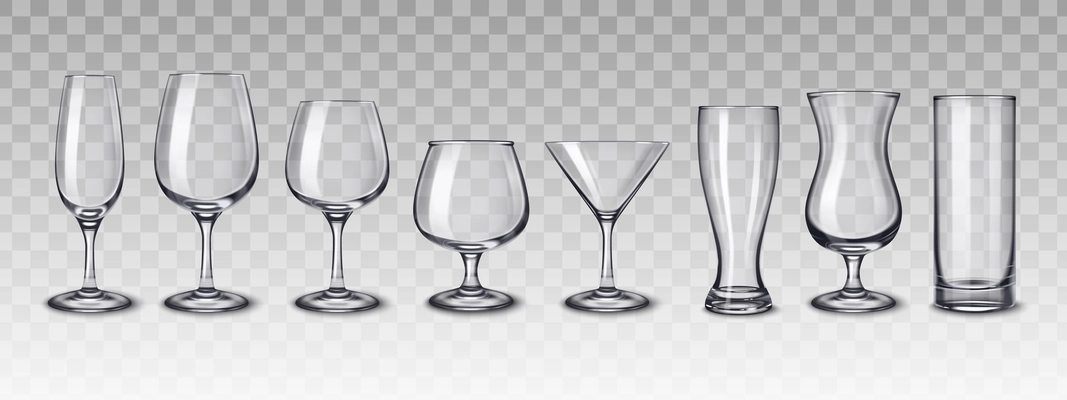 Alcohol drinks glassware set with transparent background and realistic images of empty glasses for different drinks vector illustration