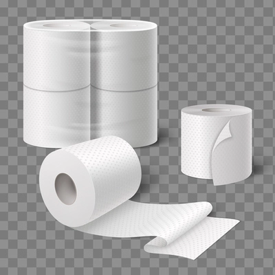 Toilet paper kitchen towels rolls realistic composition with packed and open tissue paper on transparent background vector illustration