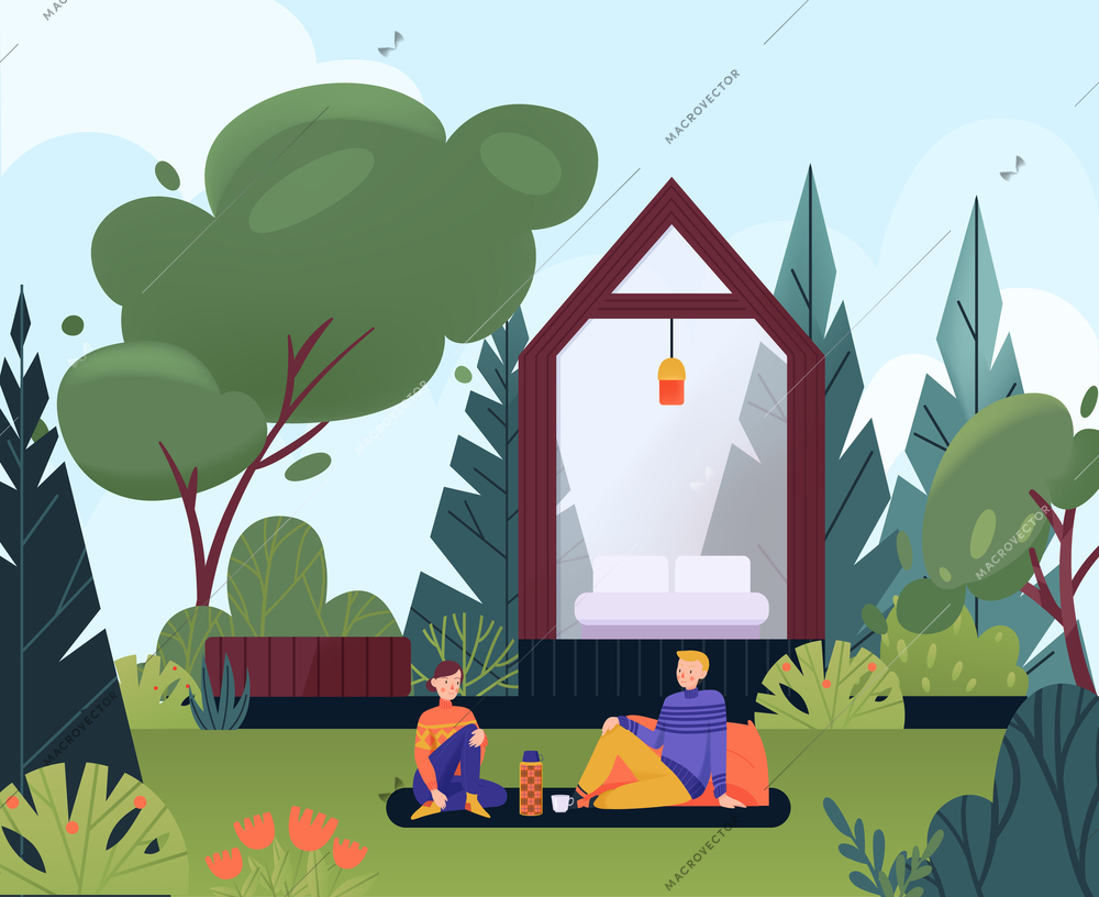 Glamping flat concept with people having picnic wigh transparent house on background vector illustration