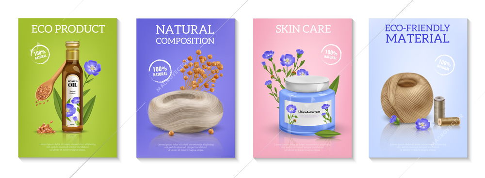 Realistic flax poster set with natural fabric and organic skin care products isolated vector illustration