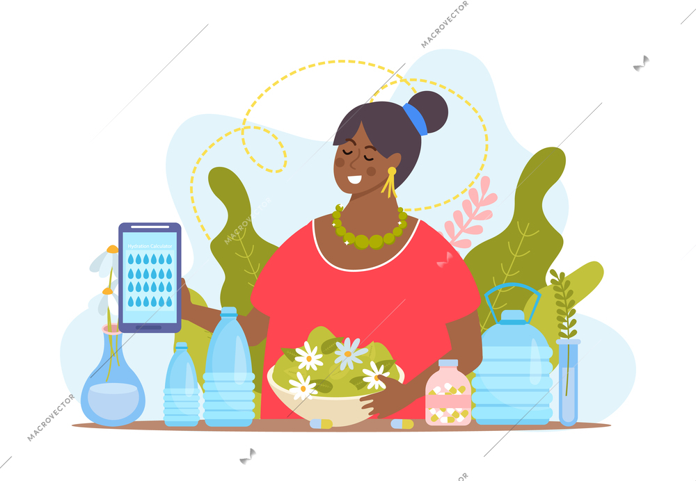 Water balance flat composition of female character with flowers and pills holding  smartphone with drop icons vector illustration