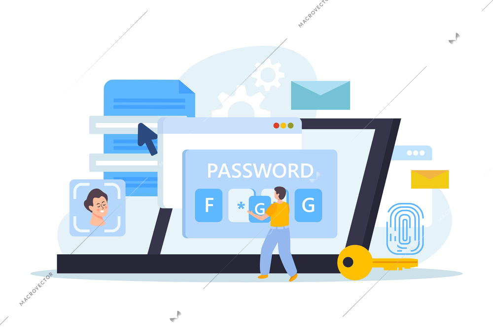 Smartphone data protection flat composition with laptop computer screens and human character inserting letters into password vector illustration