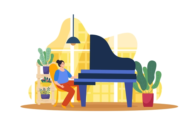 Music school flat background composition with interior view house plants and female character playing grand piano vector illustration