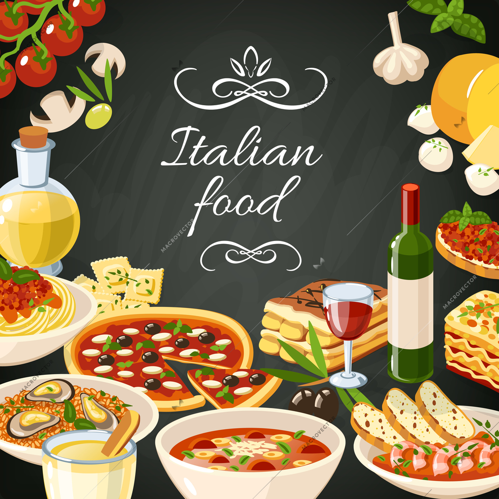 Italian restaurant food background with olives pasta garlic spaghetti pizza vector illustration