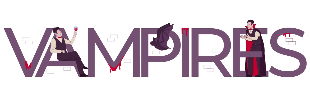 Vampire bat composition with flat text and mythical characters of medieval undead men drinking young blood vector illustration