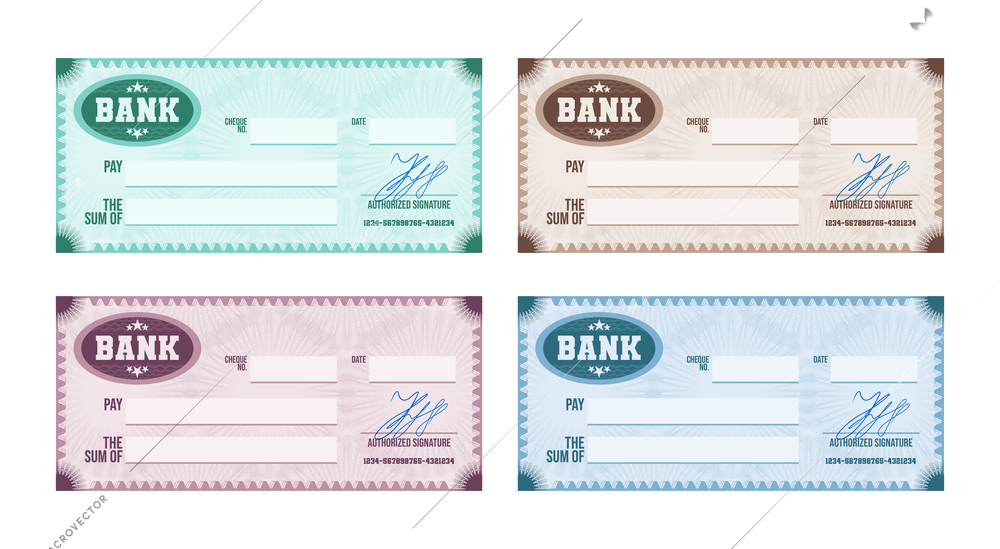Multicolored signed blank bank check with guilloche pattern and watermarks realistic set isolated at white background vector illustration