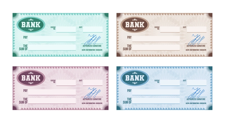 Multicolored signed blank bank check with guilloche pattern and watermarks realistic set isolated at white background vector illustration