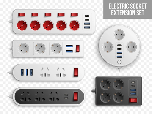 Various electric socket extension cord realistic set at transparent background isolated vector illustration