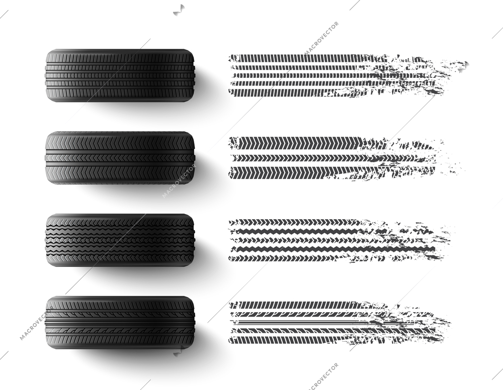 Car tires with different protector tread patterns realistic monochrome set isolated on white background vector illustration