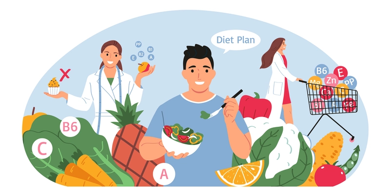 Nutritionist advice concept with diet plan symbols flat vector illsutration