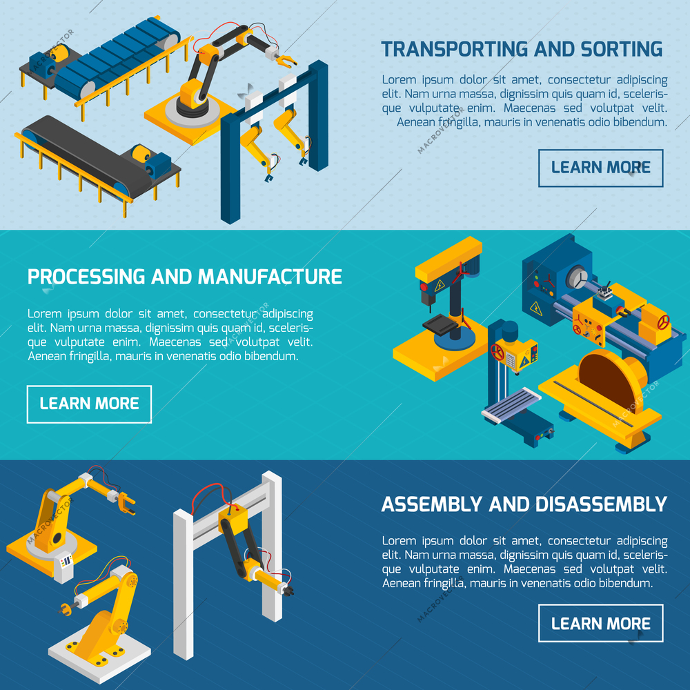 Robotic arms horizontal banners set with isometric manufacturing process products transporting vector illustration