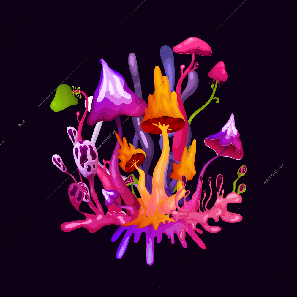 Psychedelic cartoon fluorescent composition with bright magic colorful mushrooms at black background vector illustration