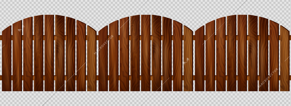 Three similar sections of wooden fence made from natural stained plank on transparent background realistic vector illustration