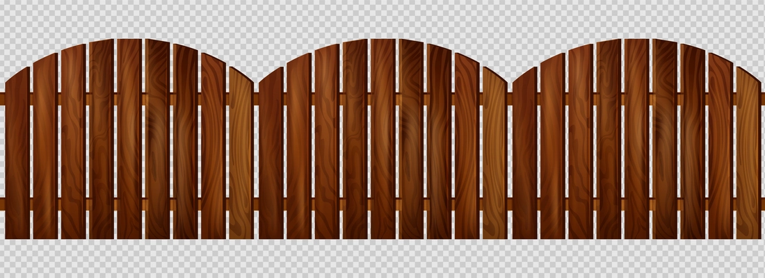 Three similar sections of wooden fence made from natural stained plank on transparent background realistic vector illustration