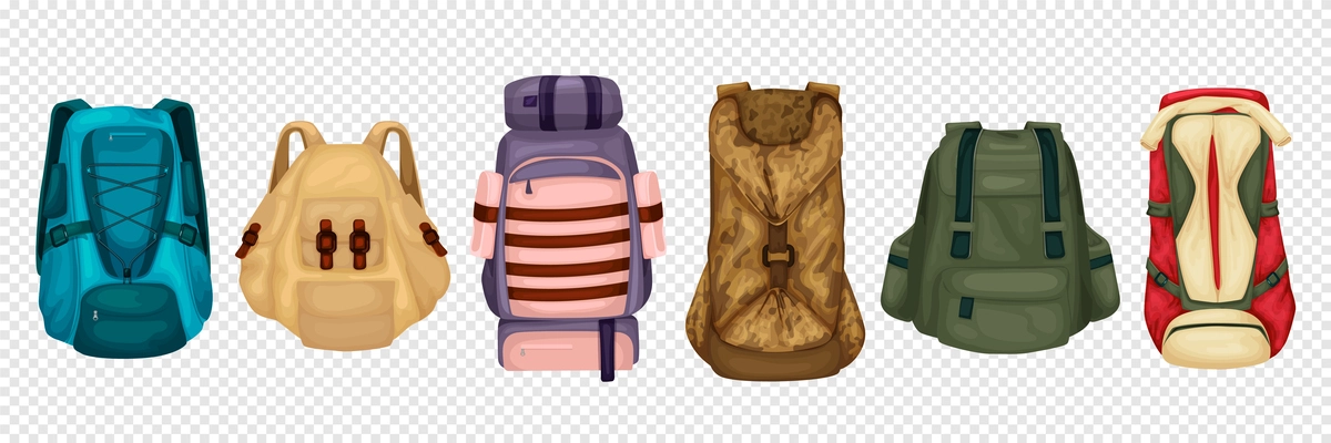 Travel backpack transparent set of different colors models and forms of handle bags isolated vector illustration