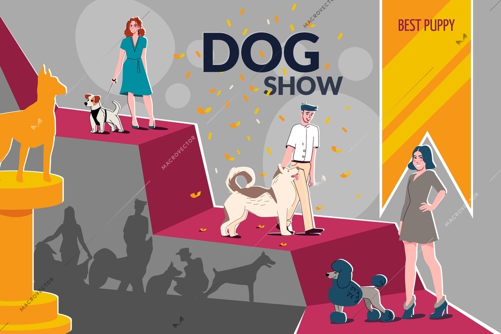 Dog show flat collage composition with dog show best puppy headline and the dogs at the show stand on the carpet vector illustration