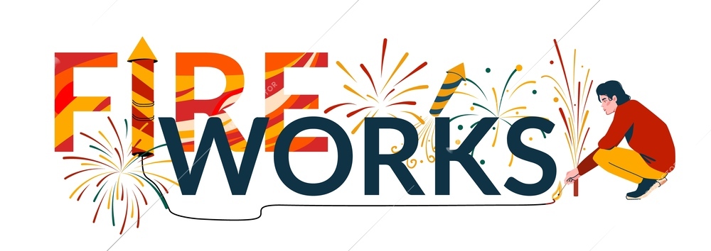 Pyrotechnics fireworks launch flat text composition man sets fire to napalm that sets letters on fire  vector illustration