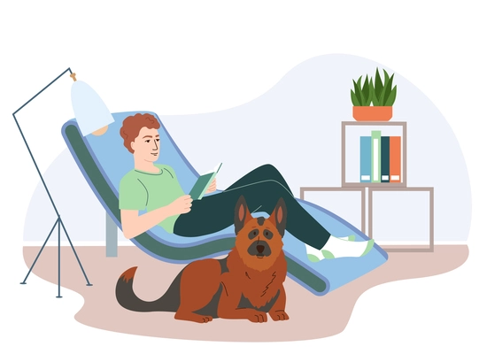 Pet friendly interior composition with reading and dog symbols flat vector illustration