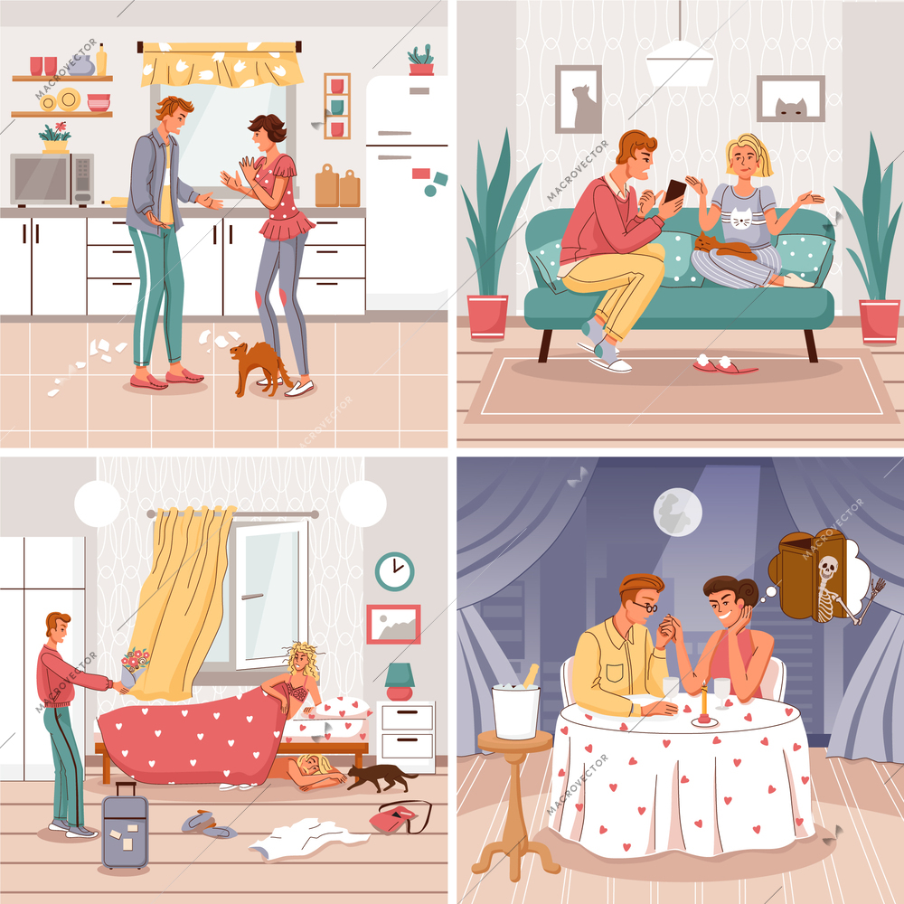 Disrupt in relationship flat set of square compositions showing various interiors and conflict situations between partners vector illustration