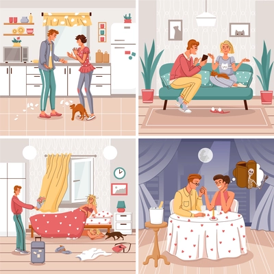 Disrupt in relationship flat set of square compositions showing various interiors and conflict situations between partners vector illustration