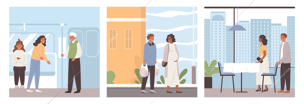 Etiquette rules set with three square compositions of elderly and young people loving couple public places vector illustration