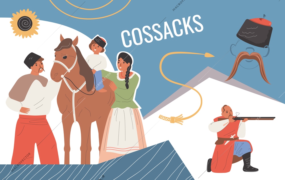 Cossack flat collage with men and women in traditional ukranian costumes vector illustration