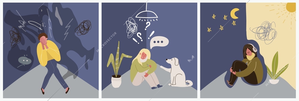 Mental disorders set of three square compositions with doodle style characters of distracted people with shadows vector illustration