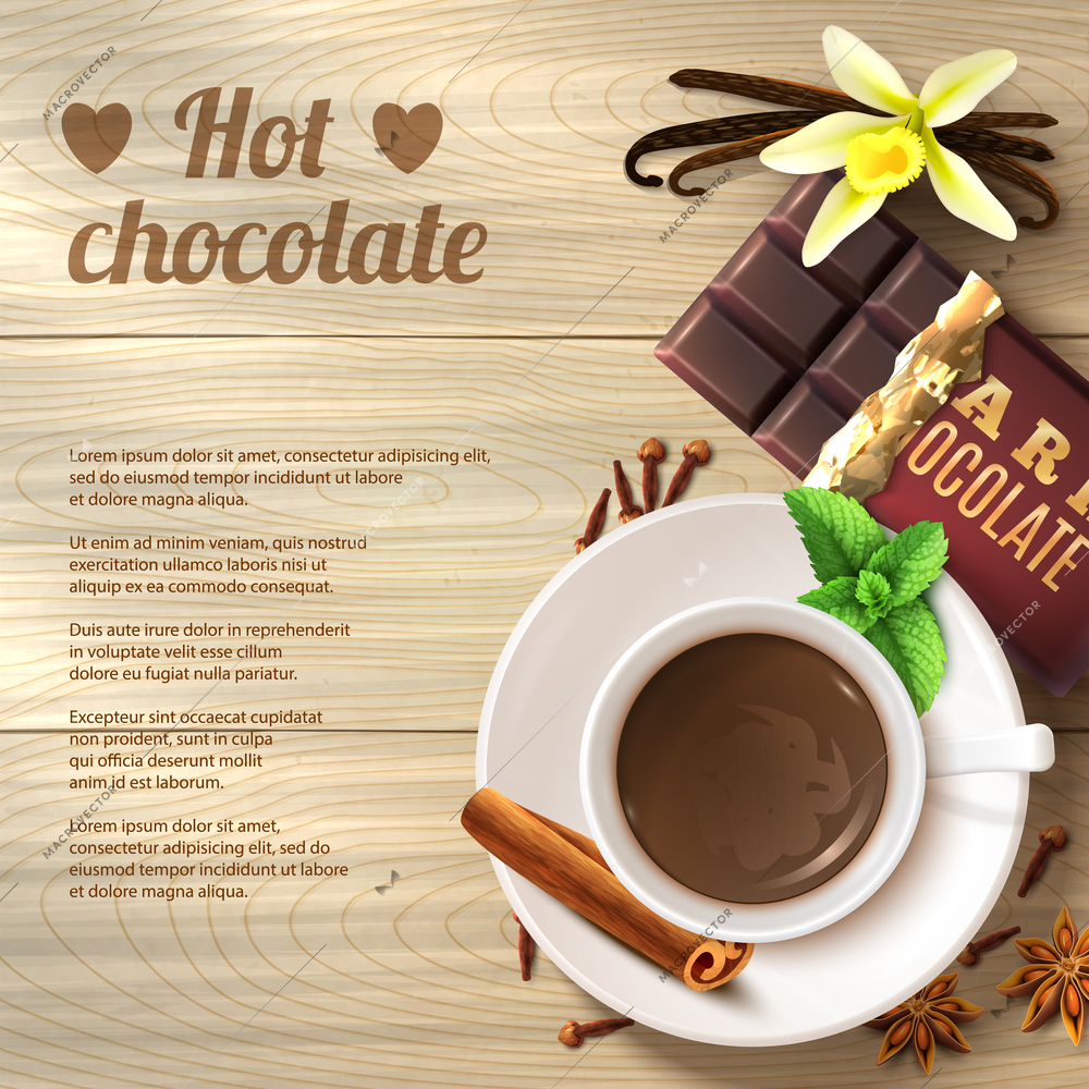 Hot chocolate drink in cup with spices on wooden background vector illustration