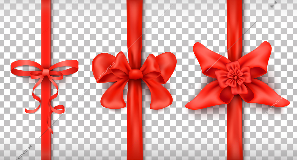 Red holiday satin ribbons with bows realistic set at transparent background isolated vector illustration