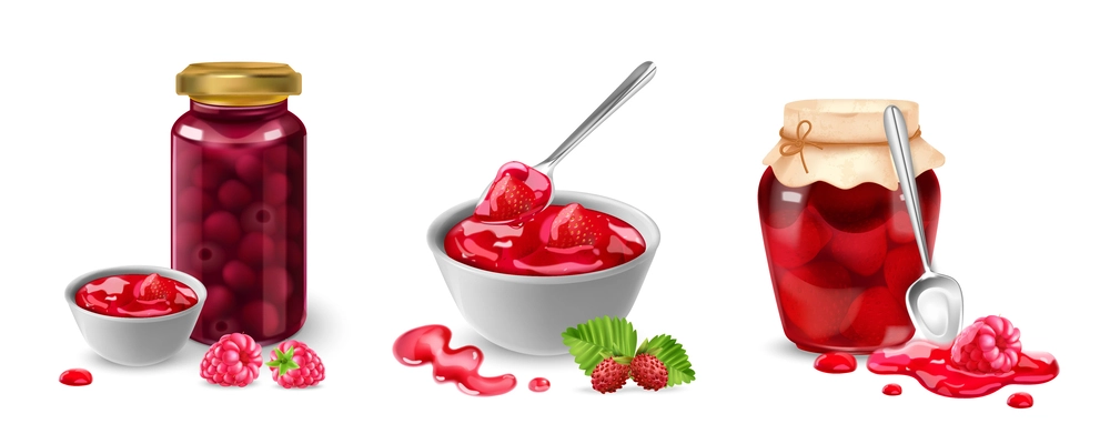 Realistic jam set of compositions with berry jam spoons glass cans and berries on blank background vector illustration