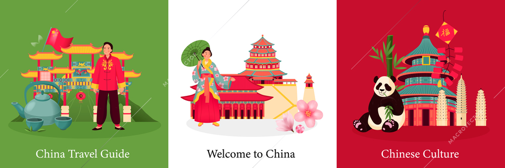 China travel concept set with chinese culture and travel landmarks isolated vector illustration