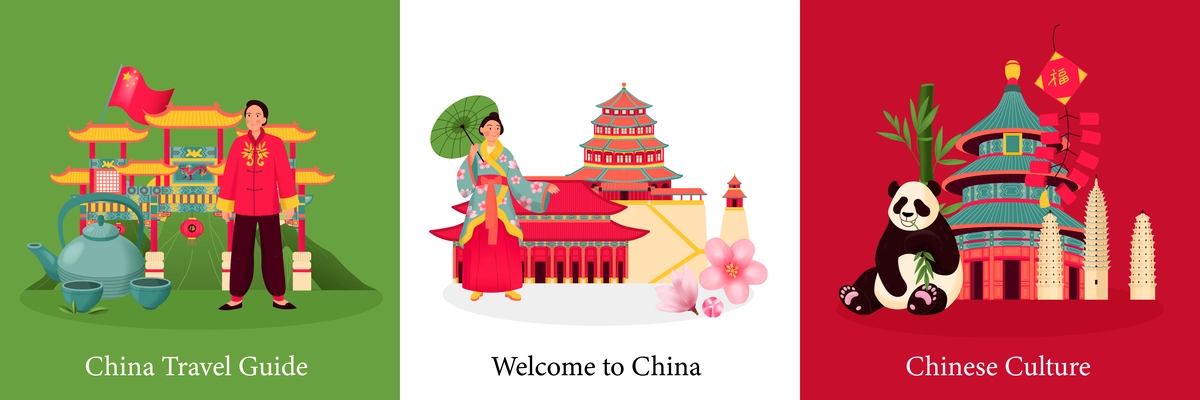 China travel concept set with chinese culture and travel landmarks isolated vector illustration