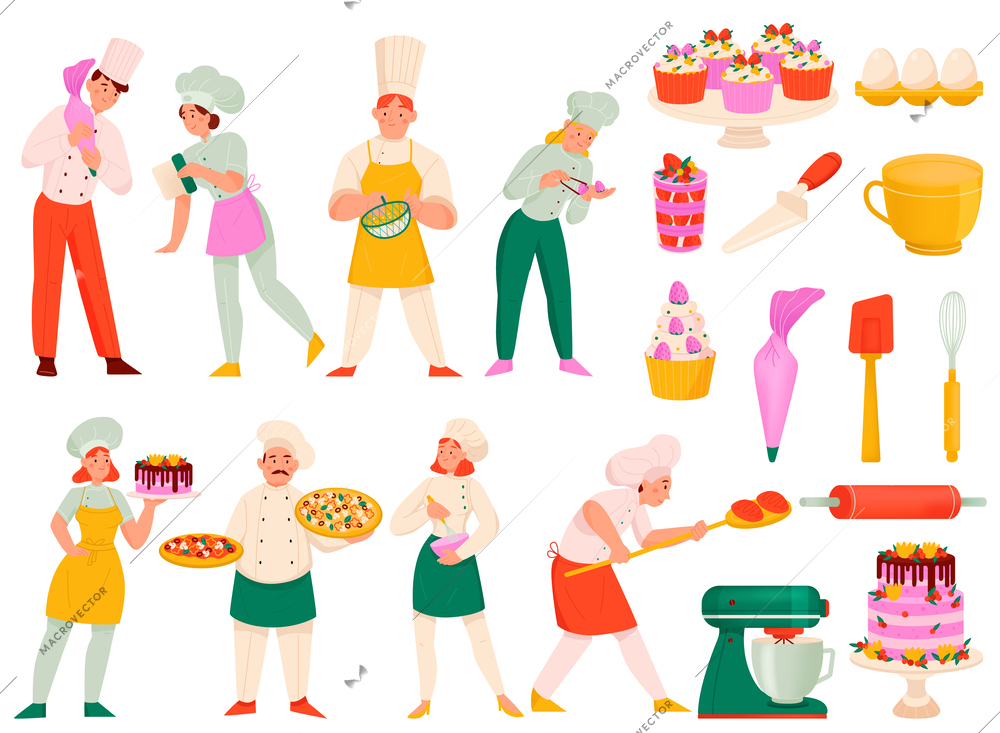 Confectioner chefs cookers set of isolated icons with cupcakes whisk brooms eggs mixers and cook characters vector illustration