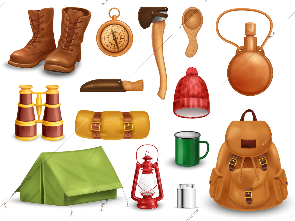 Realistic vintage camping set of isolated images with tools warm clothes flasks and other nesessary items vector illustration