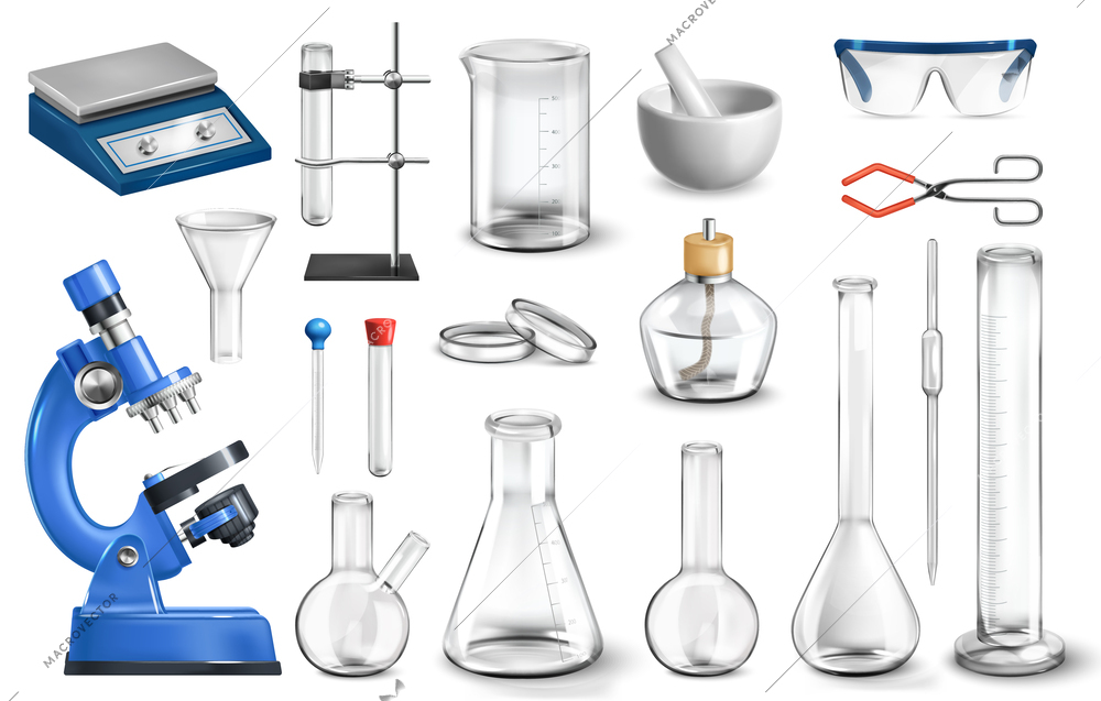 Realistic laboratory set with isolated images of glass jars and flasks with microscope and test tubes vector illustration