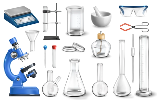 Realistic laboratory set with isolated images of glass jars and flasks with microscope and test tubes vector illustration