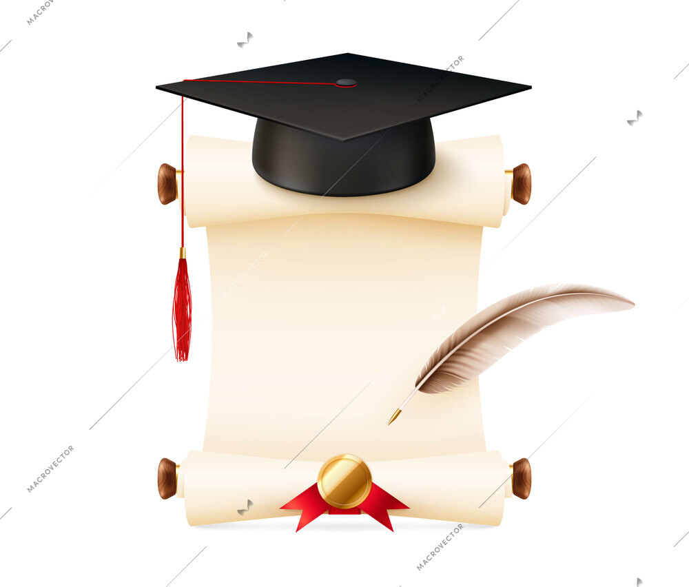 Graduation education realistic composition with isolated front view of academic hat on top of empty parchment vector illustration