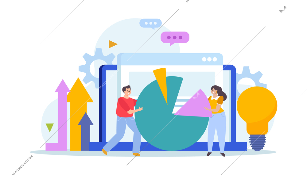 Business merger concept flat composition with male and female characters holding divided segments of radial chart vector illustration