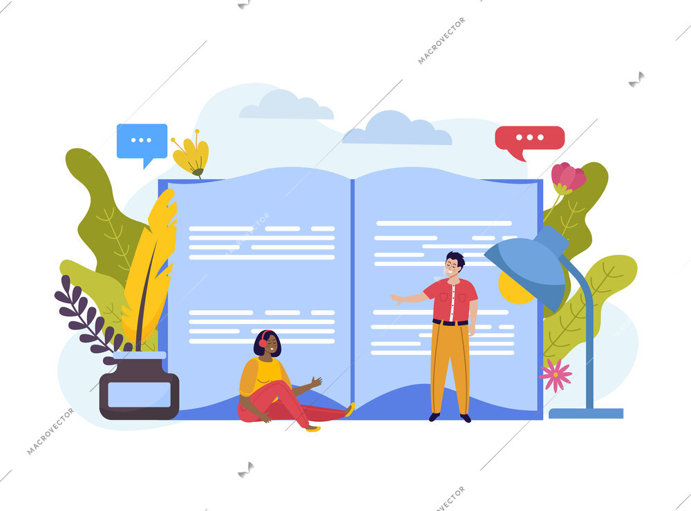 Writer flat composition with view of open book with lamp ink well thought bubbles and people vector illustration