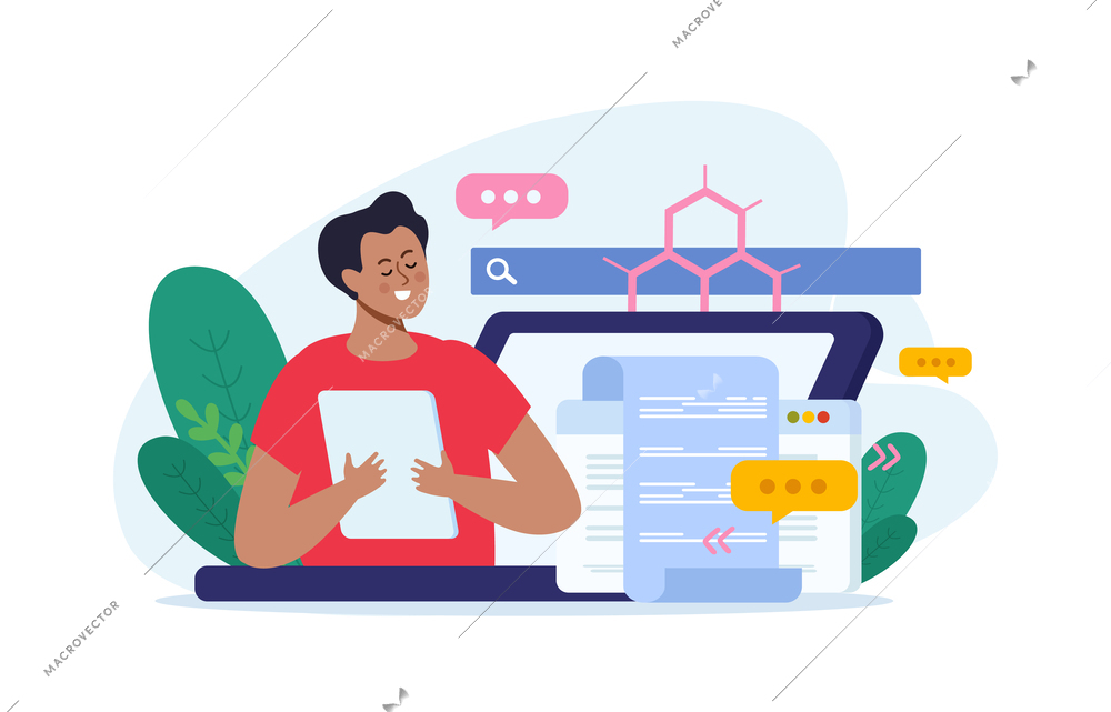 Scientific articles writing flat composition with thought bubble icons dna structure laptop screens and joyful man vector illustration